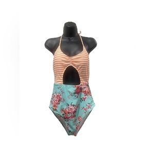 Orange Striped And turquoise Floral One-piece Swimsuit size medium